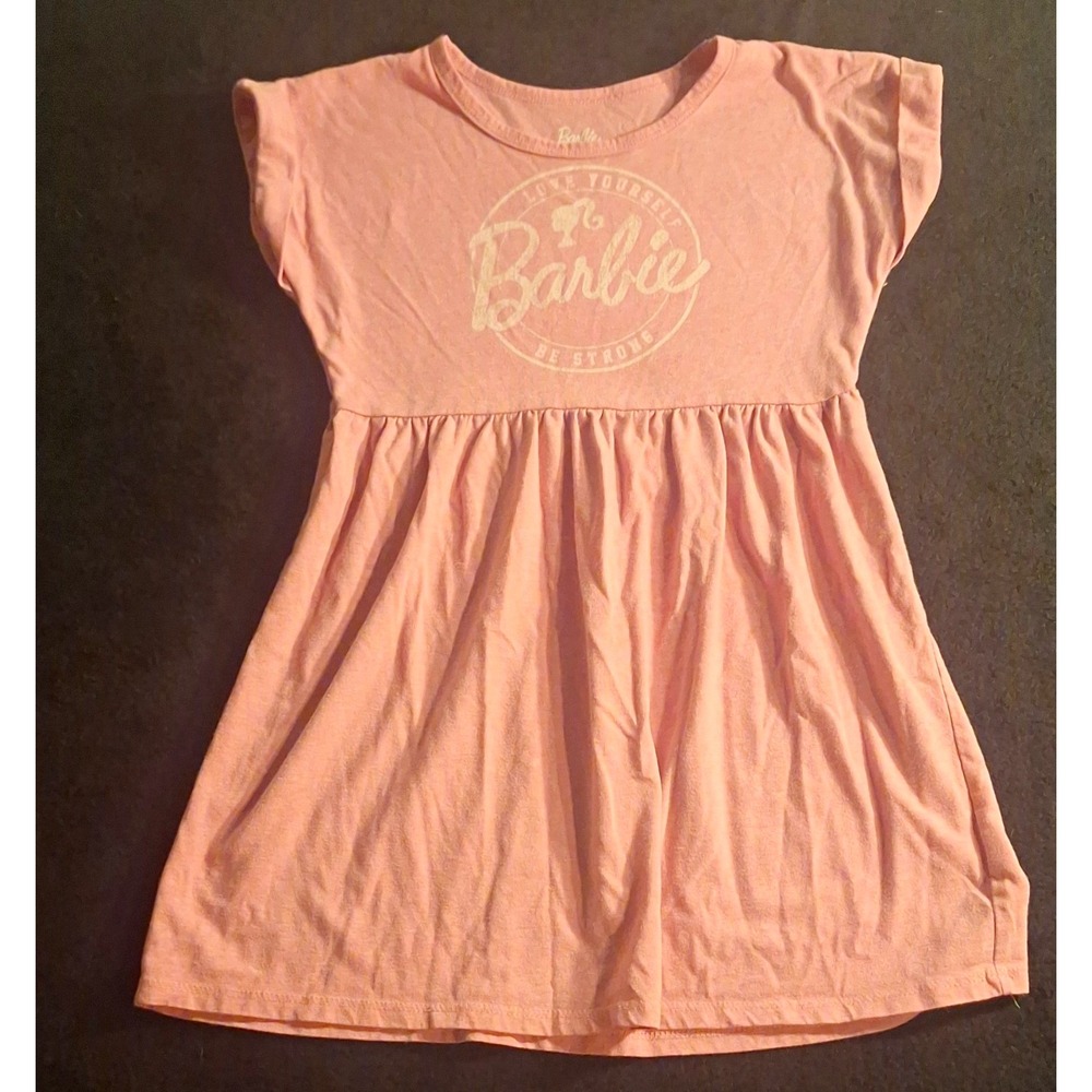 Barbie Girls Pink Fit & Flare Cap Sleeve Graphic Logo Dress Size S 6/6X